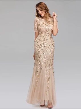 Ever Pretty Champagne Leaf-Embellished Tulle Maxi Dress
